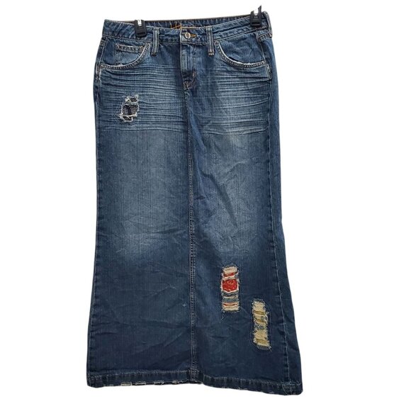 Hippie Junior's Y2K‎ Distressed Country Patch Boho Long Denim Maxi Skirt 7/28 - Picture 1 of 14